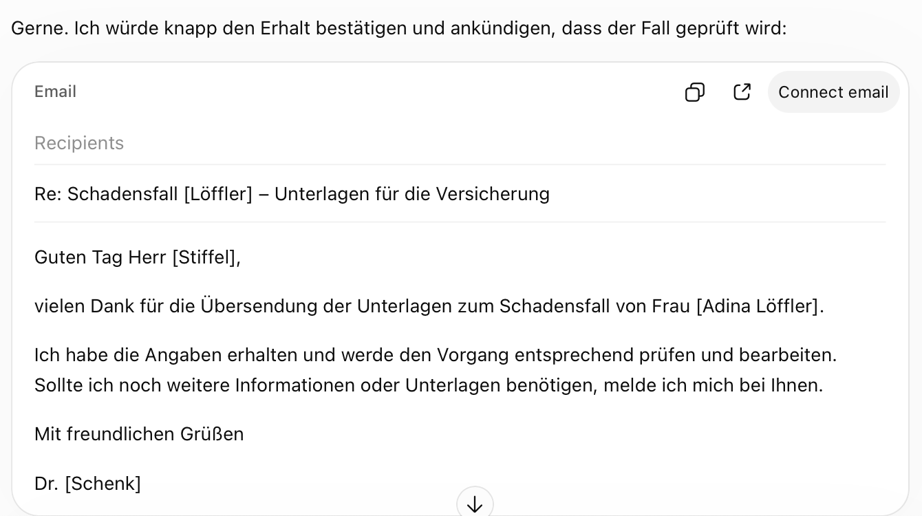 Die Antwort von ChatGPT auf den maskierten Text: Die KI arbeitet mit den Ersatznamen, die echten Namen sieht sie nicht.
