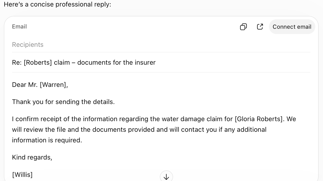 ChatGPT’s reply to the masked text: the AI works with the replacement names and never sees the real ones.
