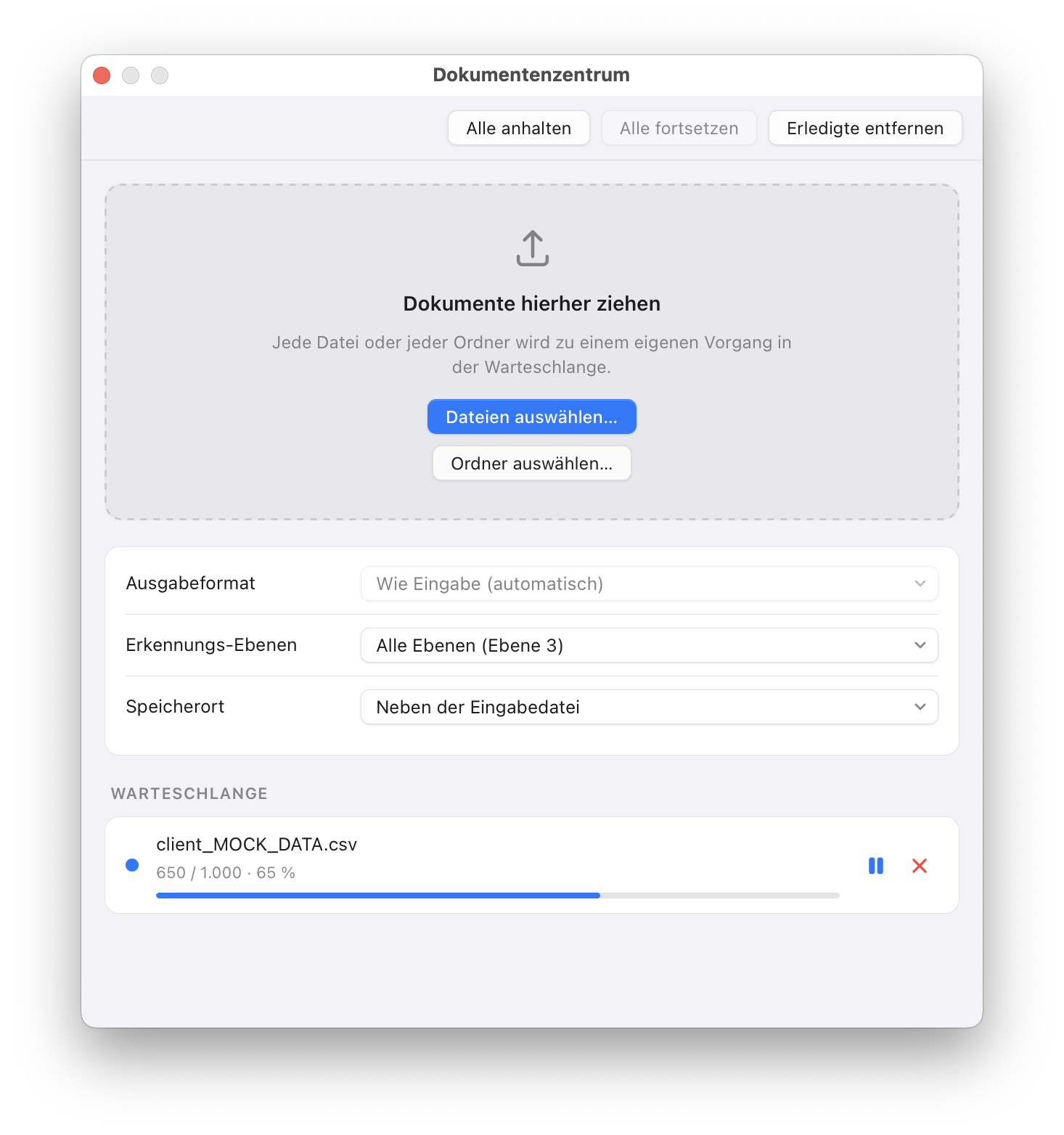 Das Dokumentenzentrum: Dateien oder Ordner hineinziehen, eine CSV-Datei wird gerade anonymisiert.
