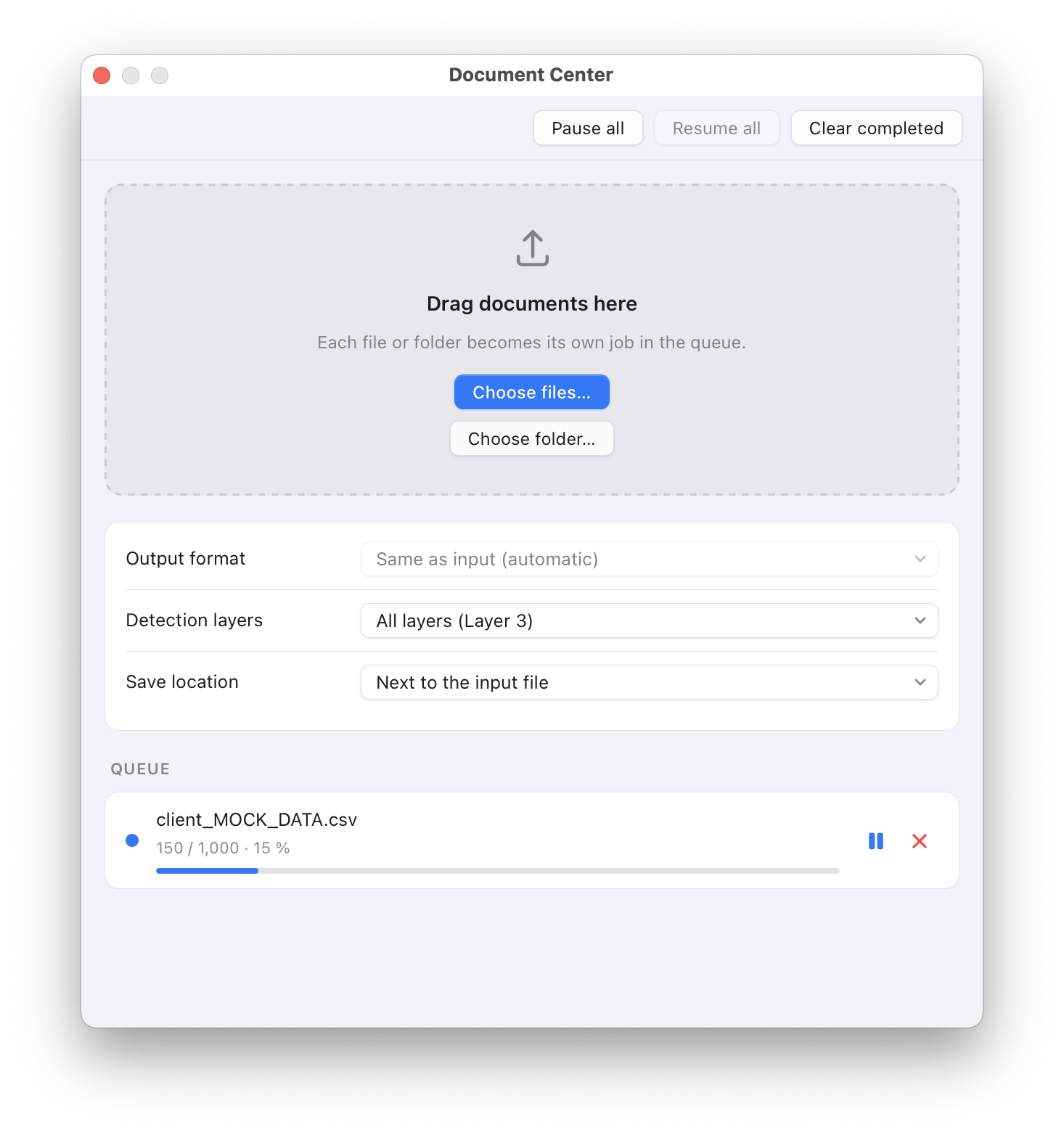 The Document Center: drop in files or folders; a CSV file is being anonymised.