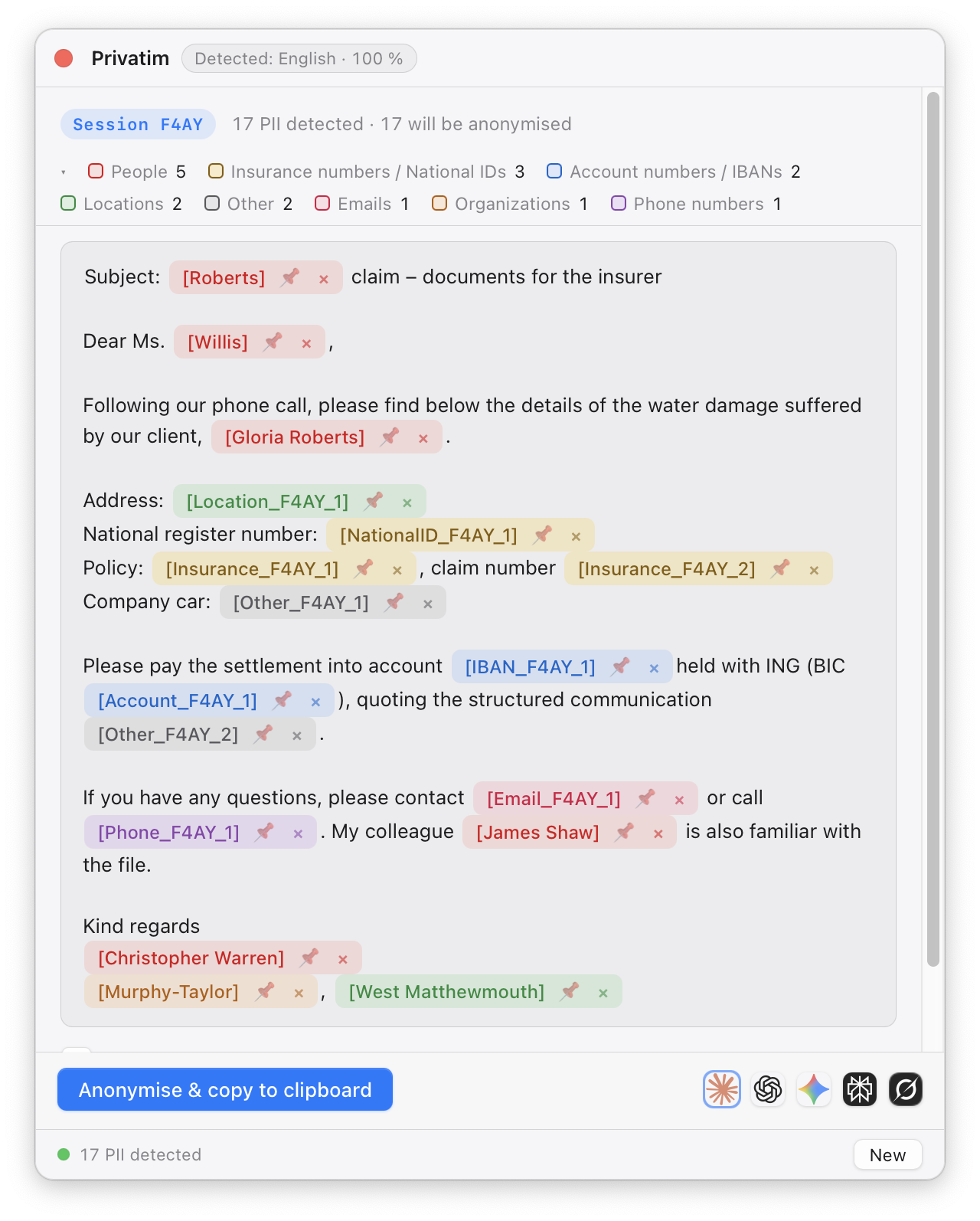 Privatim’s review window: an email to an insurer in which names, address, IBAN, national register number and claim number appear as colour-coded highlights, with the legend above.