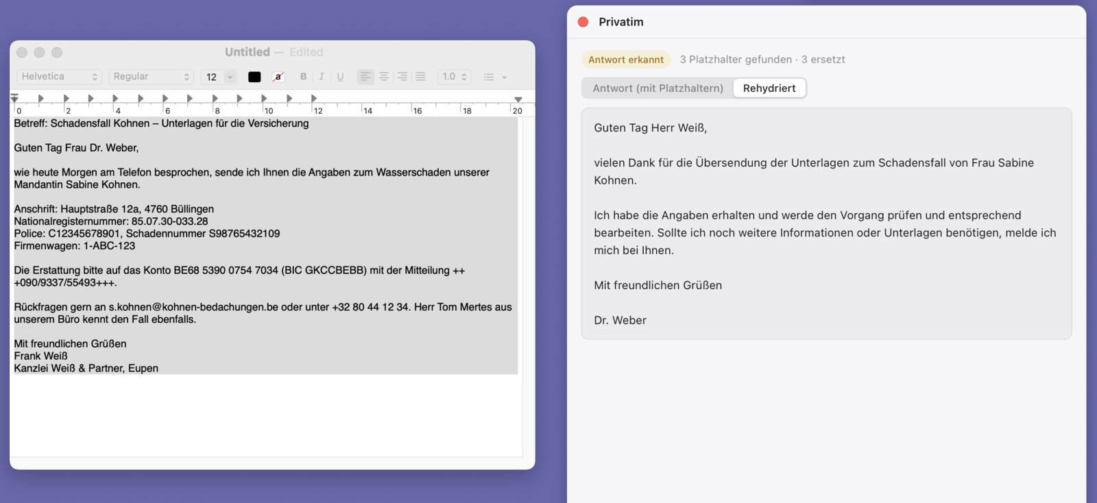 Links die Original-E-Mail in TextEdit, rechts die Antwort der KI im Prüffenster, mit den echten Namen wiederhergestellt.