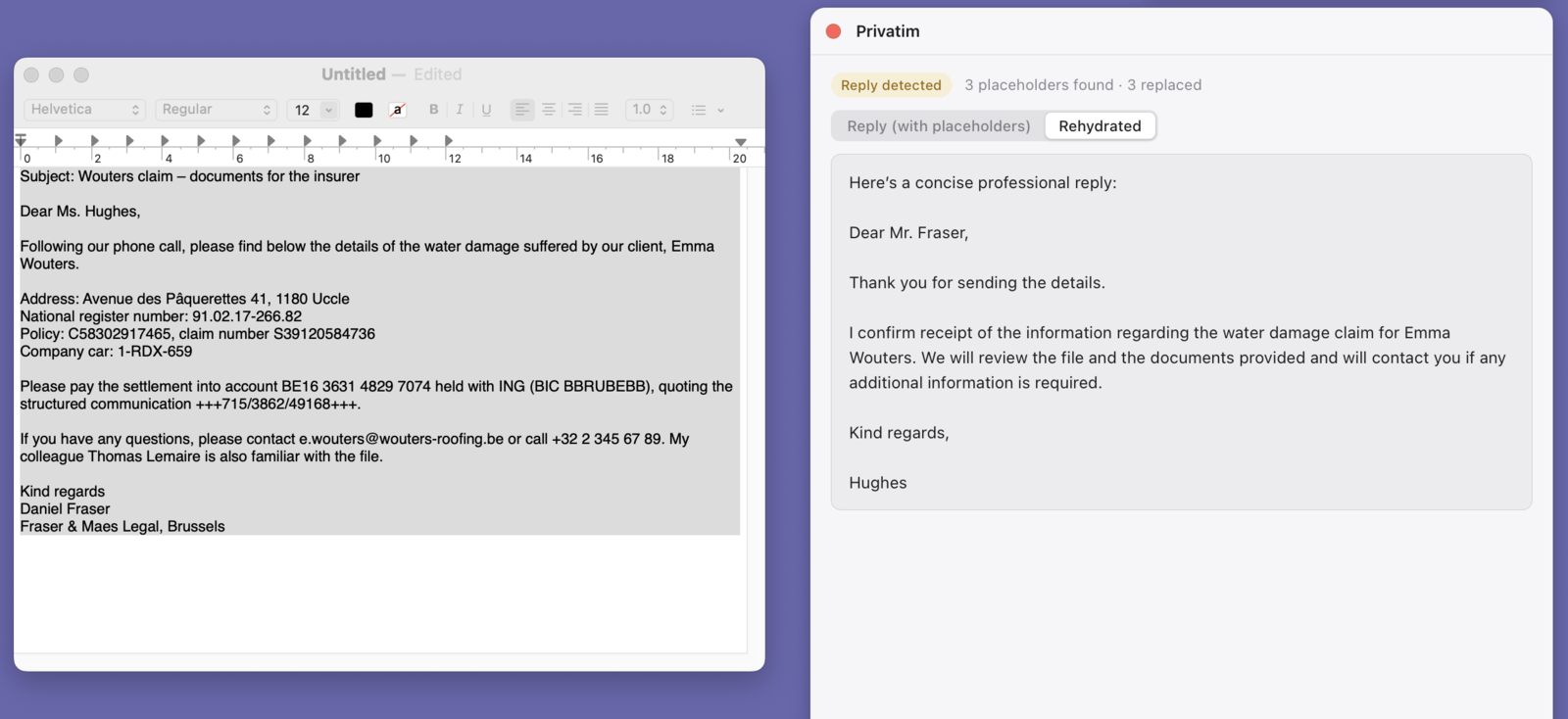 Left, the original email in TextEdit; right, the AI’s reply in the review window, restored with the real names.